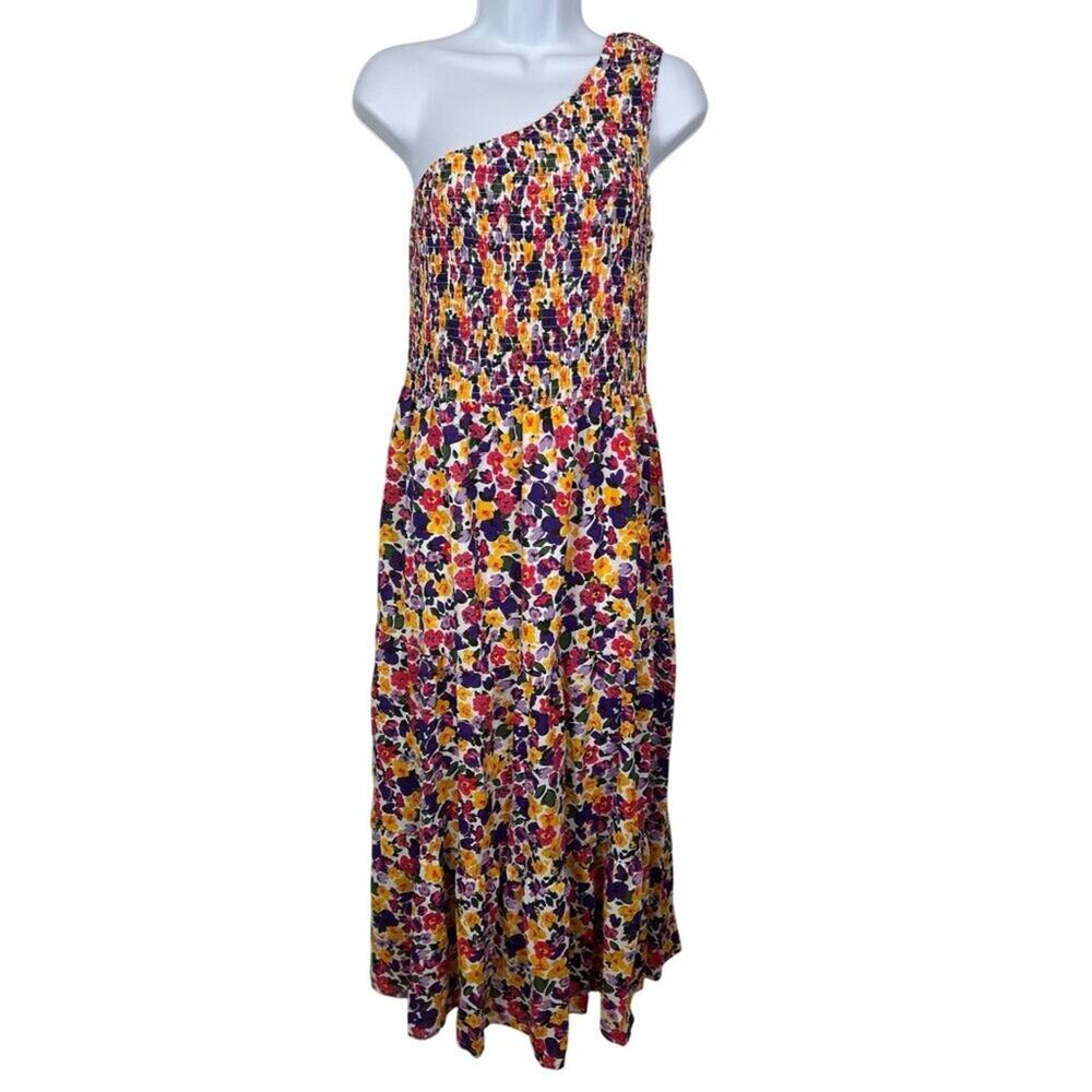 Floral One-Shoulder Maxi Dress Smocked Bodice Asymmetrical Neckline Multicolor M